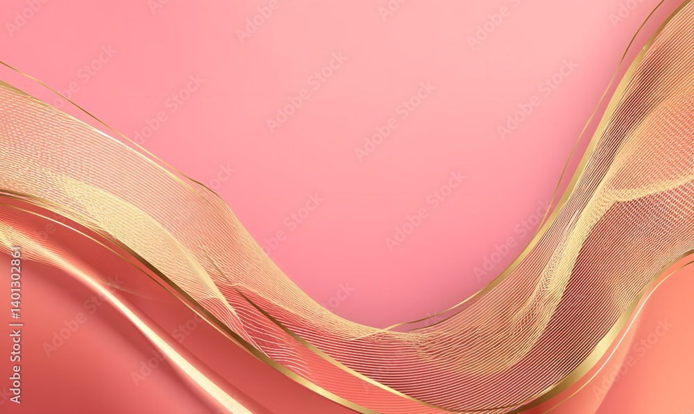Poster abstract pink background with golden flowing lines and a smooth gradient texture design element