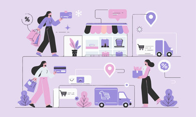Modern flat vector illustration in pastel tones showing the online shopping process, easily editable.