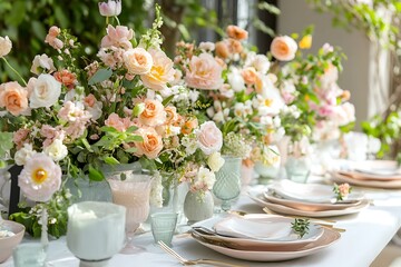 Easter Brunch Table with Pastel-Colored Decorations and Delicious Treats.
