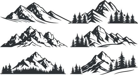 Fototapeta premium Mountain Silhouette Vector Set – Black and White Mountain Peak Illustrations on White Background