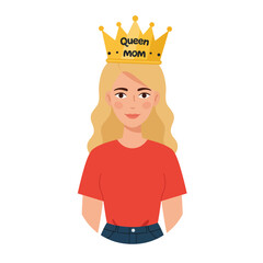 Woman wearing a crown with the text Queen Mom in flat vector illustration