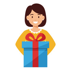 Happy woman holding a gift box in flat design style vector art