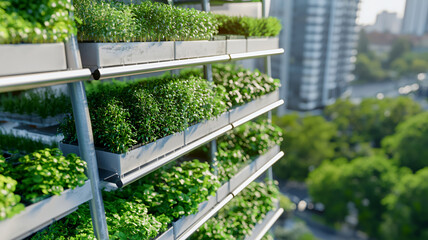 Fototapeta premium Urban vertical garden with lush greenery and modern architecture in background, showcasing sustainable living