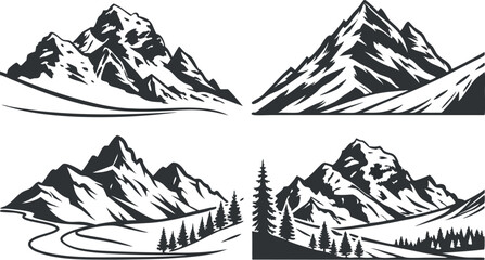 Mountain Silhouette Vector Set &ndash; Black and White Mountain Peak Illustrations on White Background