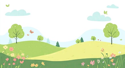 A cheerful illustration of a springtime landscape with rolling hills and colorful flowers.