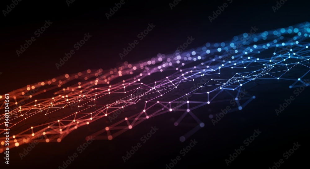 Poster network connections - abstract of a network, showing interconnected nodes and lines in shades of red