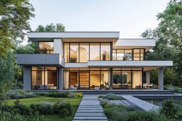 Modern, two-story house nestled in lush greenery, showcasing expansive windows and sleek design.