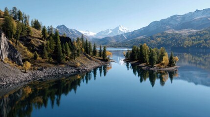 Tranquil mountain lake with reflections.