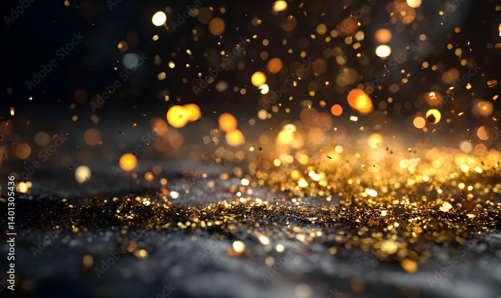 Poster close up of golden glitter and bokeh lights on a dark surface creating a festive atmosphere look
