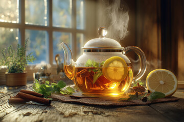Tea pot filled with tea and lemon slices on a wooden table, with a cozy and inviting vibe.