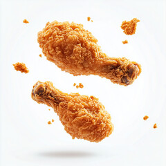  Fried and crispy chicken legs on white background