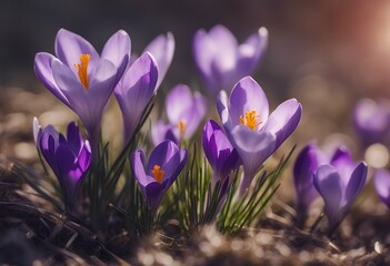 beautiful sunlight flowers spring purple crocus blooming wildflowers blossoms meadow flower garden ray bloom closeup grass green field light sunshine background violet sun pink gardening floral