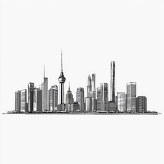Naklejka premium Black and White Sketch of Modern City Skyline with Distinctive Landmarks and Tall Buildings for Artistic Design Projects