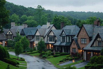 Naklejka premium Charming Tudor-style homes line a rain-swept street, nestled in a lush green hillside setting.