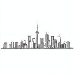 Fototapeta premium Minimalistic Line Art of Urban Skyline with Iconic Tower and Building Silhouette Across a Clean Background