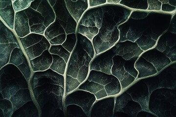 Detailed close-up of a dark green leaf's intricate vein network, natural pattern