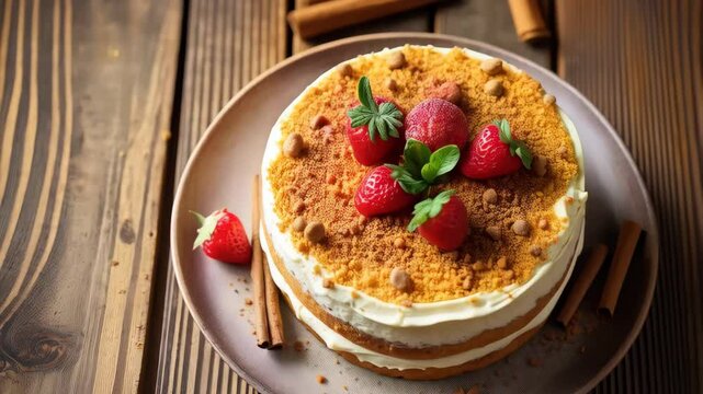 Delicious layered cake topped with strawberries and cinnamon on a wooden plate