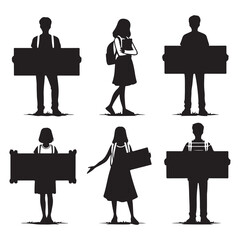 Silhouette Students Holding Blank Signs Vector Illustration Graphic Art