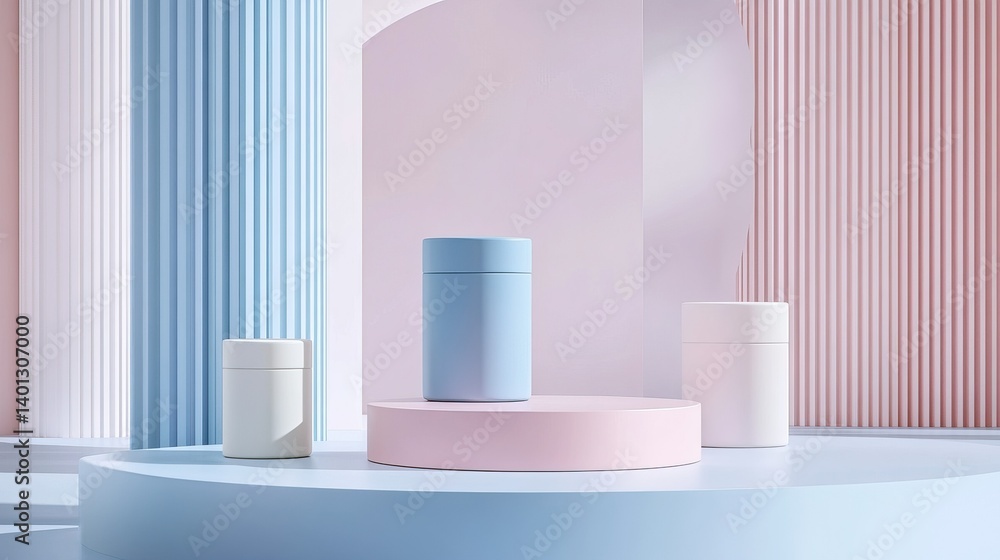 Poster a 3d rendering of a modern product display featuring pastel pink and blue cylinders on a simple back