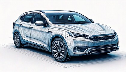 Clean CAD-style sketch of a futuristic electric SUV concept, front 3/4 angle