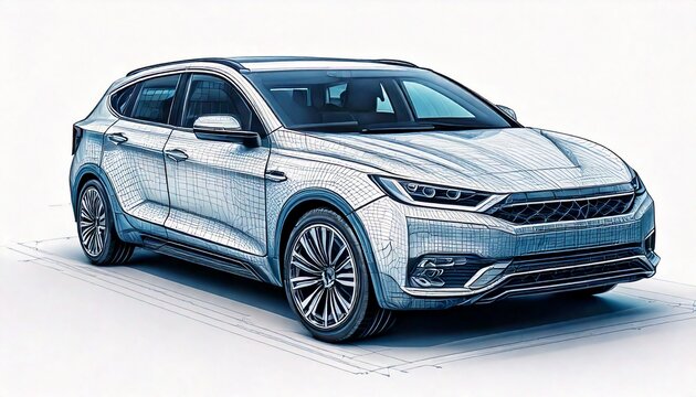 Clean CAD-style sketch of a futuristic electric SUV concept, front 3/4 angle