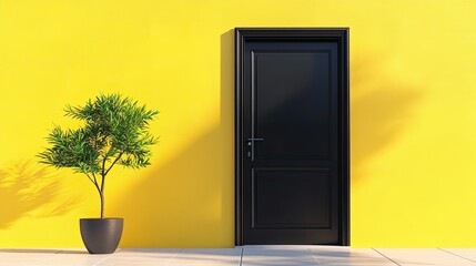 A black door on a bright yellow wall with a potted plant, symbolizing new beginnings, opportunities, hope, and transition.