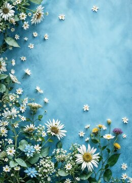 Delicate floral border with daisies and wildflowers on a soft blue background