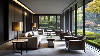 Fototapeta premium A luxurious modern lounge area overlooking a peaceful garden scene