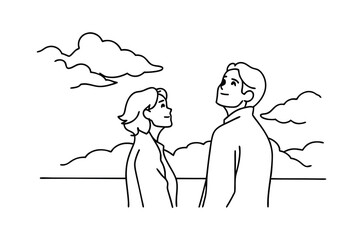 Minimalist Illustration Of A Couple Looking At The Sky With Clouds Background