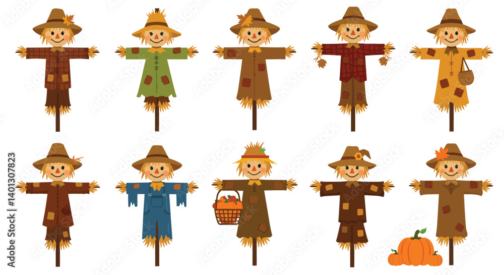 Poster scarecrow character variations in flat design style vector art