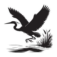 Silhouette Heron Taking Flight from Water Vector Illustration Art