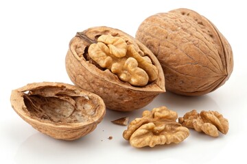Walnuts With Shells and Kernels Displayed on a White Surface Generative AI