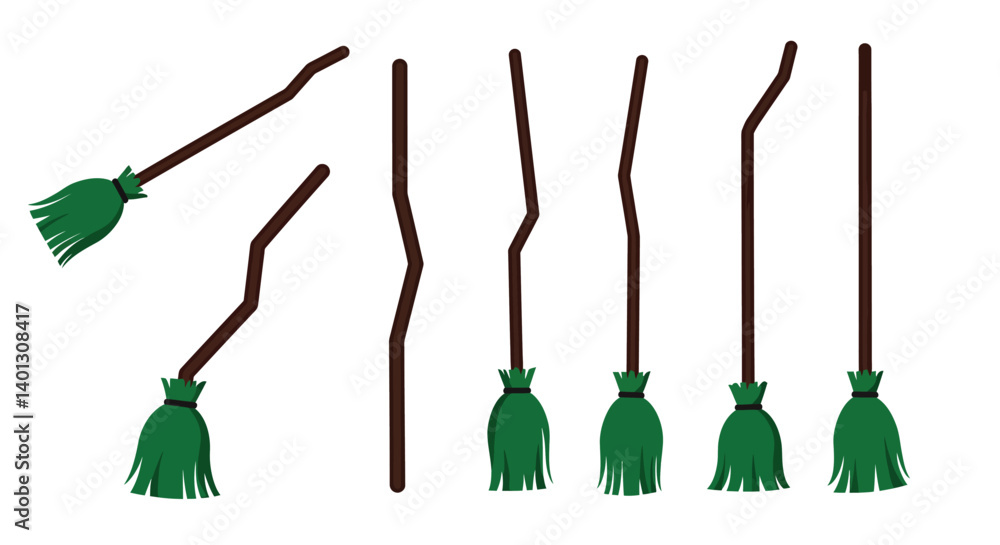 Poster brooms in various positions designed in flat vector art style showcasing movement and flexibility ve