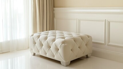 A classic white tufted ottoman sits against a backdrop of elegant white wainscoting, showcasing timeless design and sophistication. This image evokes a sense of luxury, comfort, and refined style.