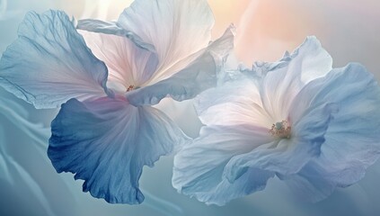 Delicate light blue hibiscus flowers on soft fabric, blurred background