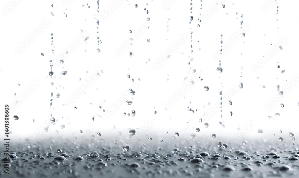 Poster water droplets falling and splashing on a surface creating a wet and reflective environment scene