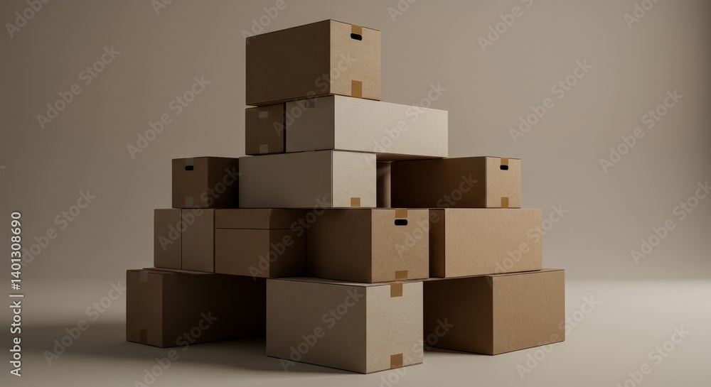 Poster stack of cardboard boxes - a neatly stacked pile of various sized cardboard boxes against a neutral 