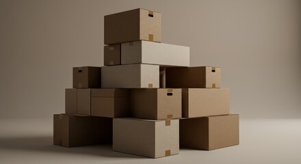 Obraz premium Stack of Cardboard Boxes - A neatly stacked pile of various sized cardboard boxes against a neutral background. Perfect for moving, storage, or shipping concepts