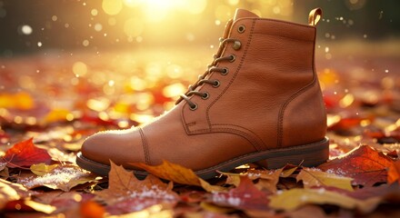 Sunrise Boot Tan Leather Autumn Leaves - A tan leather boot rests on fallen autumn leaves and snow, symbolizing transition, warmth, nature, resilience, and new beginnings