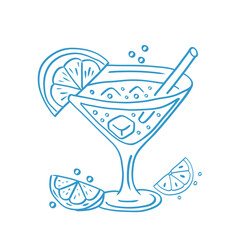 Vector cocktail in margarita glass with orange slices and ice cubes. Summer citrus drink illustration.Vector margarita cocktail with orange slice.
