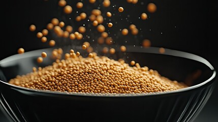 A close-up photograph of a black bowl filled with golden mustard seeds, with some seeds falling into the bowl. The image represents the abundance of nature's bounty, the joy of cooking, the ...