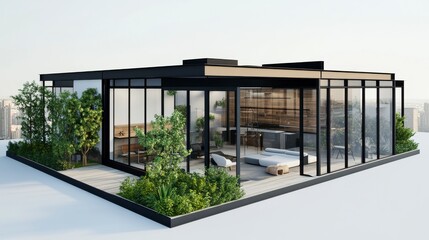 Fototapeta premium Modern Rooftop Apartment with Glass Walls and Greenery