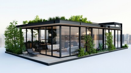 Fototapeta premium Modern Rooftop Apartment with Glass Walls and Green Roof Garden