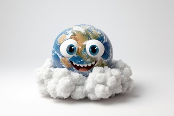 Obraz premium A cheerful cartoon Earth smiles amidst fluffy clouds, symbolizing environmental optimism.