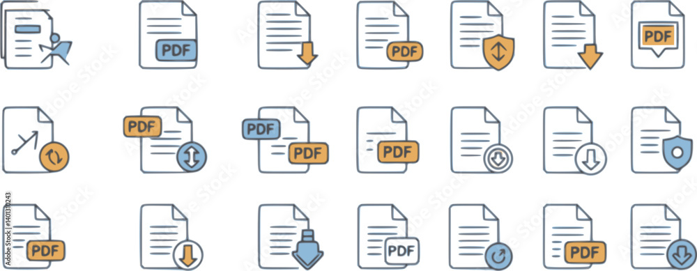Poster set of pdf file format icons set. document text, pdf file download icon outline sign. different styl
