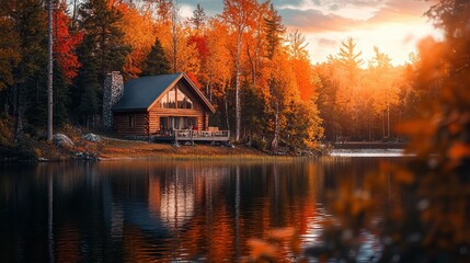 Fototapeta premium A cozy cabin nestled amidst vibrant autumn foliage, overlooking a tranquil lake at sunset, offering a peaceful escape.