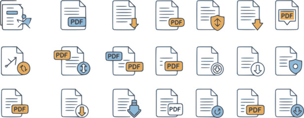 set of PDF file format icons set. Document text, PDF File Download icon outline sign. Different style icons set. Vector illustration.
