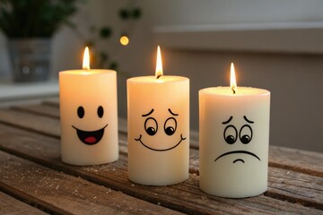 Candles With Cheerful Faces on a Wooden Table Generative AI