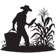 Silhouette Farmer Harvesting Corncobs Illustration with Basket Vector Template