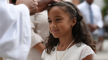 Child receiving first communion in a white dress